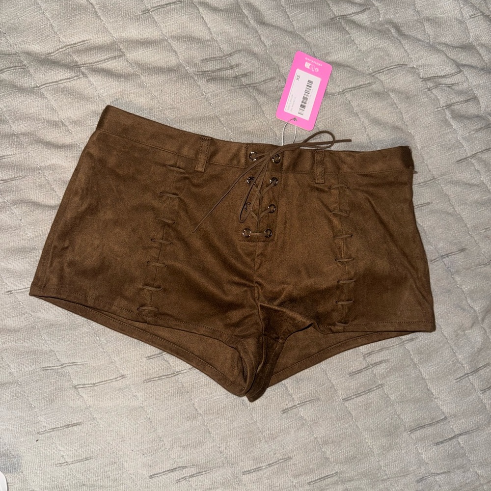 Edikted Brown Suede Lace-Up Shorts